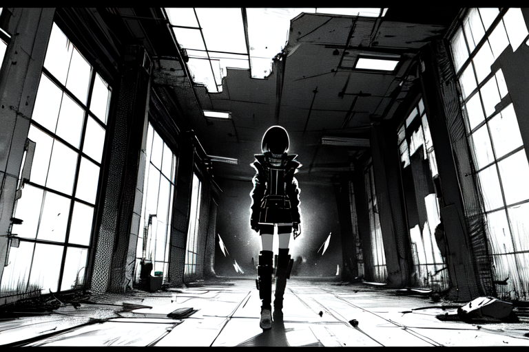 highly insanely detailed, masterpiece, top quality, best quality, highres, 4k, 8k, RAW photo, (very aesthetic, beautiful and aesthetic),  
tsutomu nihei,nihei_tsutomu,blame!,blame gakuen!,abara,TNstyle,sidonia_no_kishi,letterboxed,walkway,concrete walls,metal walls,bones,decrepit,empty,dystopia,destroyed,no human,open space,vast scenery,perspective,flock,futuristic,biomachine,bioluminescence,dark background, 
<lora:ABARA:0.5>, 
(1girl:1.3), 
solo focus, 
Chinese calligraphy in background,pure white background,âââ