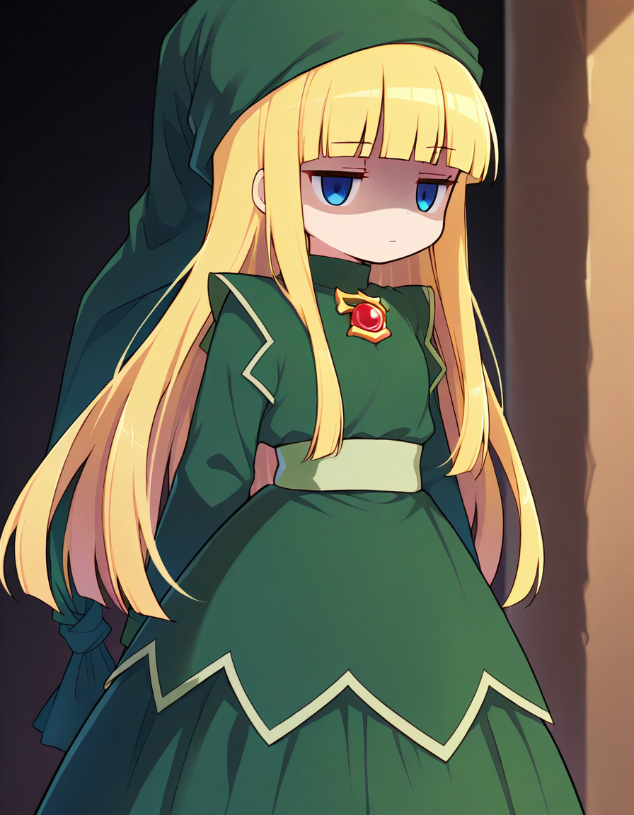 <lora:witchP4_SDXL_Illustrious01_fp16_ver01:1>,witchP4,1girl,blonde hair, long hair,  blue eyes,green dress,green headwear,long sleeves,long skirt,brooch,blunt bangs,light green sash,jitome,shaded face, masterpiece, best quality, very aesthetic, absurdres,<lora:detailed_hands:1>,hand