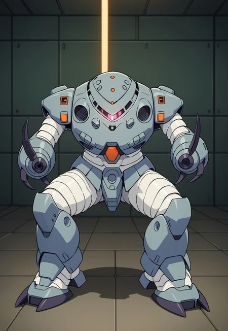 score_9, score_8_up, score_7_up, source_anime, cowboy shot, front view, BREAK, ( zgok_experiment, pink monoeye, looking at viewer, zeon symbol on chest, sitting stance, arms slightly raised, claws open, ) 1mech, mech focus, solo, BREAK, missile firing at zgok_experiment, smoke, antarctic base, cargo lift, metal walls, metal floor, led lights,