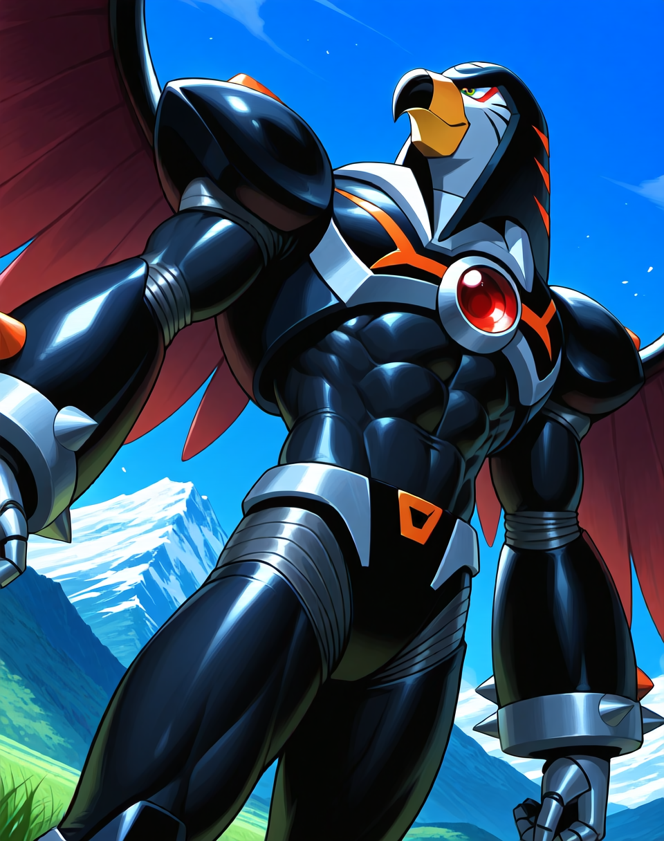 <lora:Flame_Falcon_(Mega_Man_X)_(Illustrious)_(AD):1> Flame Falcon, reploid, MMX, 
exterior, blue sky with clouds, mountain valley, grassy valley,
dutch angle, dynamic action, cowboy shot,
male focus, intense shadows, dynamic shadows, intricate details, attention to details, gradient coloring, robot, bright vivid colors, deep metallic colors, glossy metal body, wings, beak, abs, hyper muscular, evil villain, evil smirk, 
BREAK very awa, masterpiece, best quality, amazing quality, very aesthetic, highres, absurdres,
EZRealPONYXL, zPDXL, Smooth Quality, lazynsfw,