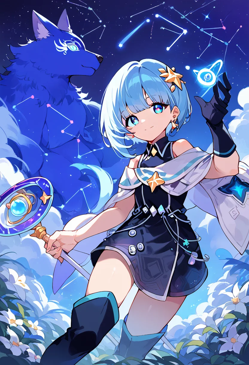 score_9,score_8_up,score_7_up,source_anime,zPDXL3,fantasy,outdoors,night,night sky,star (sky),sky,starry sky,crystal,white flower field,
*//*,<lora:SiaAstelle_Pony:1>,sia_astelle,1girl,solo,blue hair,short hair,bangs,blue eyes,gloves,thighhighs,thigh boots,star (symbol),earrings,hair ornament,jewelry,black dress,sleeveless,black footwear,single glove,black elbow gloves,staff,holding staff,smile,(star_wolf, wolf, oversized animal, galaxy skin, constellation:1.3), *//*,looking at viewer,cowboy shot,dutch angle,dynamic pose,