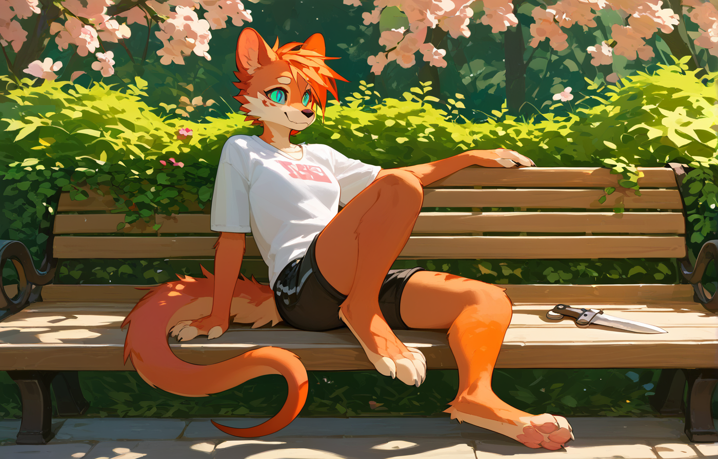 score_9, score_8_up, score_7_up, PDXL, <lora:KnifedragonV1:1>, knifedragon, 
1girl, cute face, detailed eyes, furry, anthro, white t-shirt, black shorts, barefoot, sitting on a bench in a park