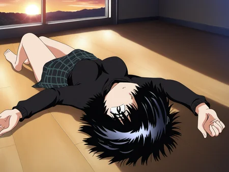 UrabeMikoto, 1girl, short hair, black hair, solo, black turtlenneck sweater, (hair over one eye), messy hair, source_anime, <lora:UrabeSDXL-Pony-16-16-C:1>, medium breasts, sunset, window, plaid skirt, on floor, lying down, on back, upside-down,