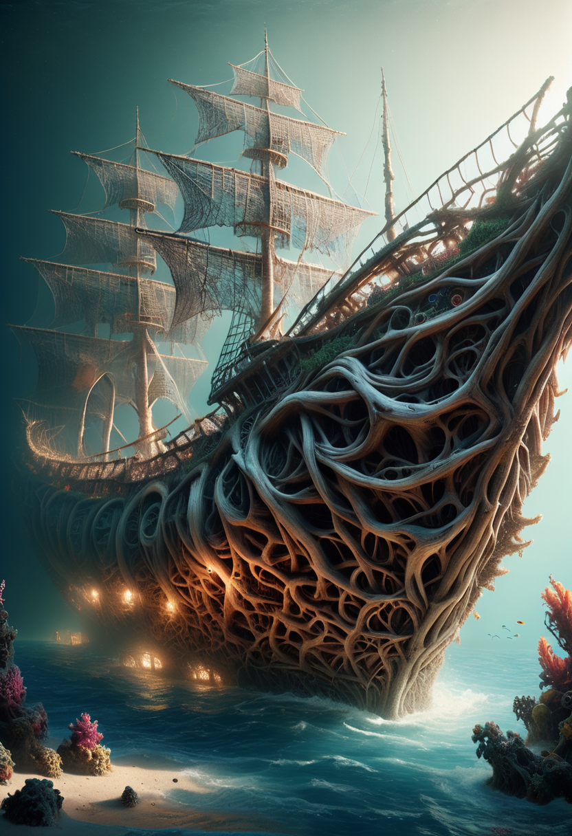 PG-TR,A majestic shipwreck in a deep ocean abyss, surrounded by colorful marine life and coral reefs, the sunlight barely penetrating the deep waters, detailed, hyper-realistic