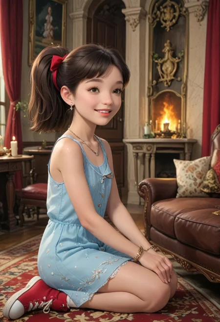 score_9, score_8_up, score_7_up, masterpiece, best quality, highly detailed, (masterpiece, best quality, highly detailed), very detailed face, hyperrealistic, (UHD quality details), beautiful face,
Sitting on luxurious sofa,
1 girl, legal age, young, petite, flat chest, small breast,
Luxurious earings, necklace, Bracelet,
Smile, happy,
Emmypony
overall skirt, ponytail, red hair ribbon, brown hair, brown eyes, red converse, red footwear
Sitting on luxurious sofa,
Luxurious dining room, chateau, fireplace, fire in the fireplace, chandeliers, candles, window, carpet, curtains, paintings on the walls, table, sofa,
Cowboy shot, Dynamic move, Moving,
Working,
Side view