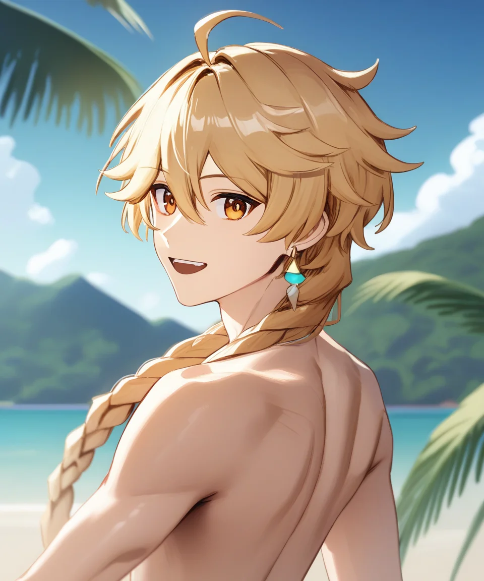 score_9, score_8_up, score_7_up, score_6_up, score_5_up, score_4_up, source_anime, aether \(genshin impact\), looking at viewer, male focus, solo, happy, open mouth, orange eyes, genshin impact, blonde hair, long hair, ahoge, hair between eyes, single braid, single earring, jewelry, bangs, shirtless, solo, beach, blue sky, blurry background, blurry foreground, cloud, day, depth of field, jungle, motion blur ocean, outdoors, palm leaf, palm tree, sky, solo, tree <lora:AetherPDXLep21:1>
