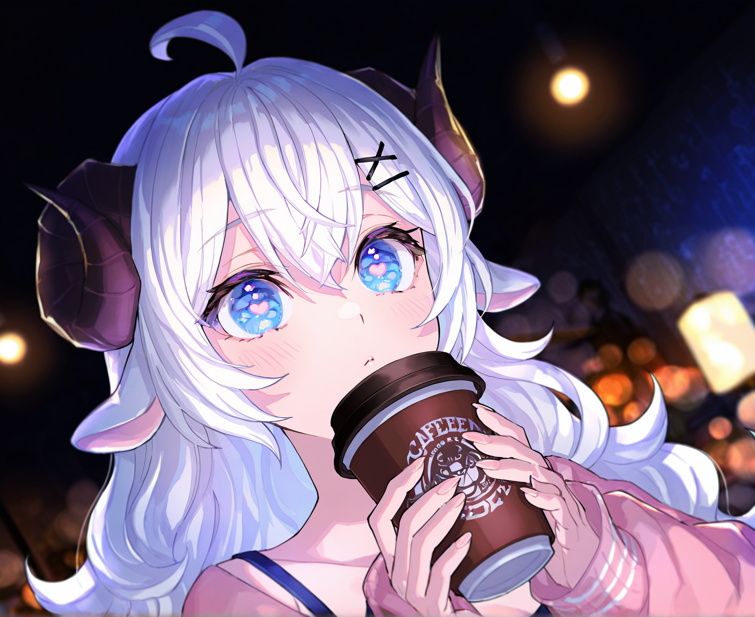 (highres, absurdres, wallpaper,masterpiece, best quality), masterpiece, best quality, very aesthetic, artist:[nobusawa osamu|yoneyama mai|fuzichoco|mika pikazo] (darkness:1.5),
DollieHitsujida, white hair, long hair, fluffy hair,  horns, ahoge, sheep ears, blue eyes, heart shaped pupils, 1girl, solo, x hair ornament, pjoutfit, cafe, holding coffee cup, bokeh,  enchanting eyes
 <lora:noobai_vpred_1_masterpieces_v23:1>  <lora:DollieHitsujidav2EPOCH15:0.8>  (dynamic angle:1.5)  <lora:9_EnchantingEyes:0.6>  <lora:DarkSlider1.2_alpha1.0_rank16_full_300steps:-1>