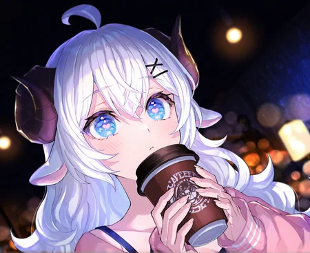 (highres, absurdres, wallpaper,masterpiece, best quality), masterpiece, best quality, very aesthetic, artist:[nobusawa osamu|yoneyama mai|fuzichoco|mika pikazo] (darkness:1.5),
DollieHitsujida, white hair, long hair, fluffy hair,  horns, ahoge, sheep ears, blue eyes, heart shaped pupils, 1girl, solo, x hair ornament, pjoutfit, cafe, holding coffee cup, bokeh,  enchanting eyes
 <lora:noobai_vpred_1_masterpieces_v23:1>  <lora:DollieHitsujidav2EPOCH15:0.8>  (dynamic angle:1.5)  <lora:9_EnchantingEyes:0.6>  <lora:DarkSlider1.2_alpha1.0_rank16_full_300steps:-1>