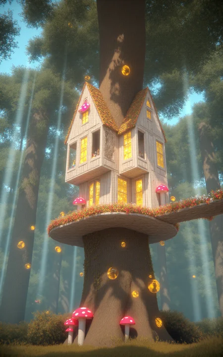 A whimsical treehouse built into the trunk and branches of a massive ancient tree,surrounded by an enchanted glowing forest. Golden sunlight filters through the dense canopy,casting soft light beams and floating golden dust particles through the air. The treehouse features fantasy architecture: glowing mushrooms,stained glass windows,vine-covered wooden beams,and delicate balconies. Full panoramic wide-angle view showing the treehouse nestled within the magical forest,dreamy and luminous daytime atmosphere,<lora:aidmaMJ6.1_v0.5_3:0.6>,aidmaMJ6.1,<lora:detailifier_sd3.5:1>,detailifier,