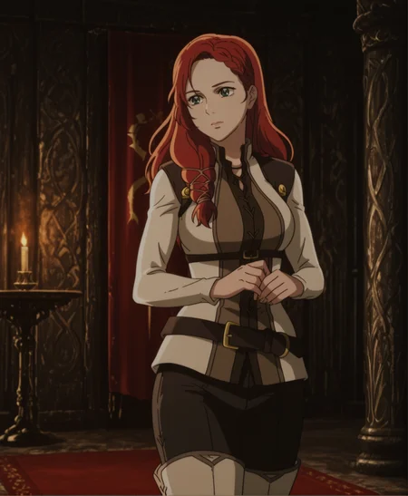 anime screencap, anime, source_anime, 1girl, <lora:HeraHammerhand:1.2> HeraHammerhand, red hair, long hair, green eyes, braid, white jacket, long sleeves, black pants, white thigh high boots, breasts, realistic background, photo background, bokeh, depth of field, blurry background, epic composition, (looking to the left), looking away, dynamic angle, sexy expression, sexy pose, (in viking hall), viking table, (red nordic banner on wall), nordic symbol on banner, golden viking pillar, torch on wall, candlestick, mood lighting, orange tint, hips angled, head tilt, red carpet, stairs, (((four fingers))), (hands on hand)