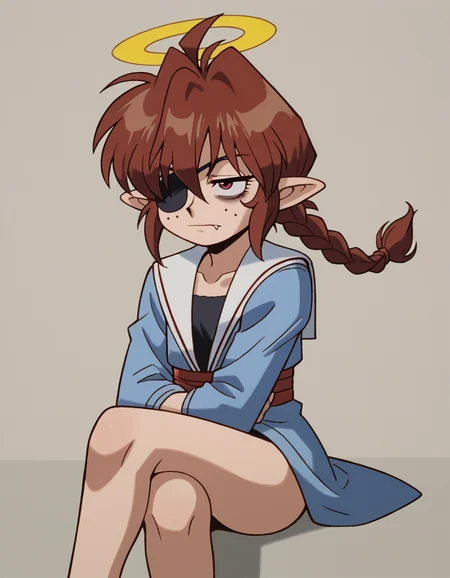 zPDXL, score_9, score_8_up, score_7_up, source_anime, 1girl, solo,
<lora:Gunsmith_ver3:0.8> gnsmth, <lora:Nullantwins:0.8> Lynn, red hair, red eyes, (hair over one eye), braided ponytail, halo, freckles, bags under eyes, jitome, ahoge, pointed ears, flat chest, eyepatch,, skin fang, crossed legs, geisha wearing a stunning hikizuri kimono with trailing hem and elaborate embroidery, adorned with motifs of nature and folklore, elaborate red beni lipstick, ornate kanzashi hairpins with lacquer and precious metals, adorned with seasonal flowers and symbolic motifs,