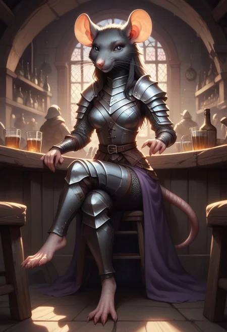 score_9, score_8_up, score_7_up, score_6_up, 1girl, hi_res, rat, rat tail, Skaven, detailed face, highly detailed, one tail, rat anthro, Cartoon, detailed background, slim, medium breasts, big eyes, 4fingers, 4k, ultra detailed, focus eyes, long rat legs, beautiful legs, smirkling, (medieval village:1.4), tavern, inside, sitting on wooden chair, crossed legs, seductive smile, knight armor, female knight armor, full knight armor, helmet. full body view, front view, close view, hands on knees