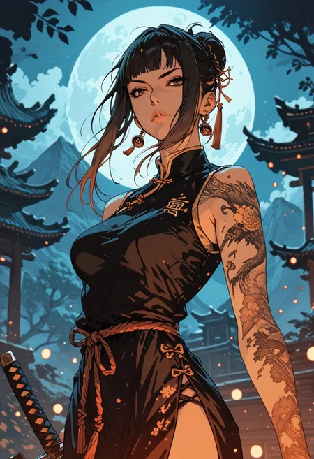 score_9, score_8_up, score_7_up, score_6_up, 1woman, mature woman, (score_9, score_8_up:1.1), score_7_up,
Very long black hair, brown gradient hair, high hair bun, brown eyes, pale skin, medium breasts, full right arm tattoo, sleeveless_kimono, Chinese attire, detailed background, chinese temple, tough face, night, dynamic pose, shadows, posing, Standing, holding a sword, dark light, night,