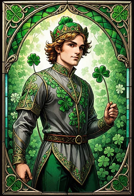 (full body:1.5), dynamic pose, light on face, shadow play, sharp, (stained glass:1.3), storybook illustration, highly detailed, beautiful details, intricate, intricate pose, tiny details, high quality, flat art, card illustration, (playing card:1.2), emerald colors, deep greens, (clover card symbol:2), jack card, prince, young men, wearing crown of clovers, many clovers, holding a tall wooden spear, deep forest with clovers for leaves, wearing a tunic made of gray cloth and fallen leaves, 3 leaf clover, (gray shirt with clovers:2)