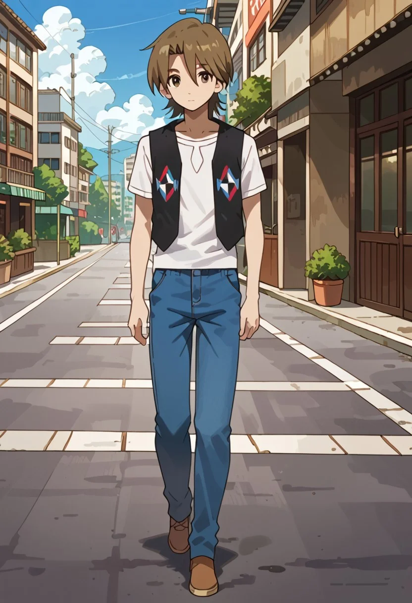 score_9, score_8_up, score_7_up, score_6_up, highly detailed,Good Colors, Good Shading, Good Eyes, Contrast Shading, male focus, slim, skinny, slim body, young man, correct anatomy, Yasaburo, 1boy, male_focus, brown hair, brown eyes, white shirt, blue pants, brown shoes, black vest, japanese city street, summer, walking