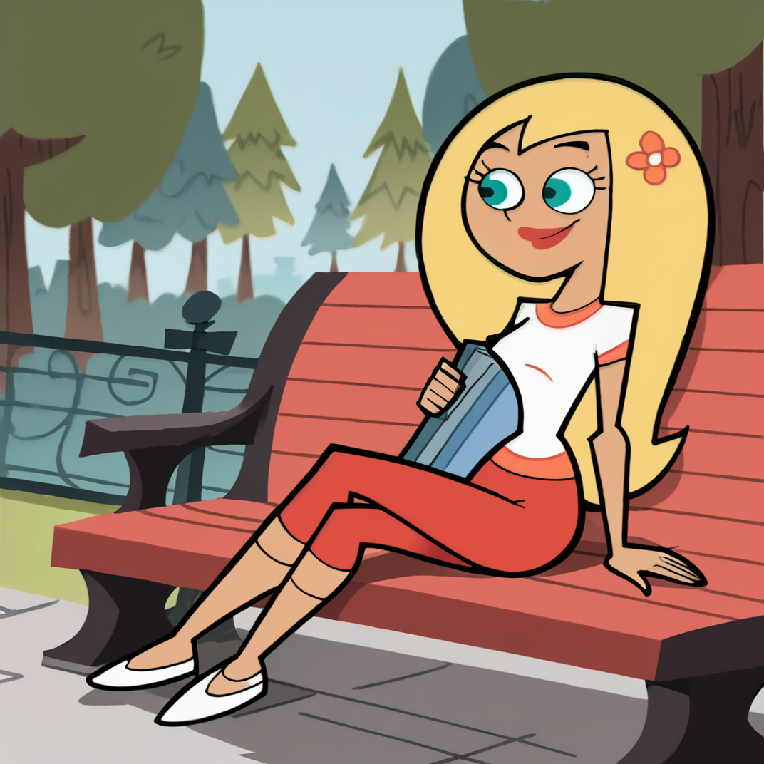 score_9, score_8_up, score_7_up,score_5_up, score_4_up, stardp, 1girl, solo, blonde hair, long hair, flower, aqua eyes, hair flower, hair ornament, smile, lipstick, white shirt, red capri pants, outside, trees, sitting, bench,   white footwear, eyelashes, 
 <lora:StarDP:1>,
