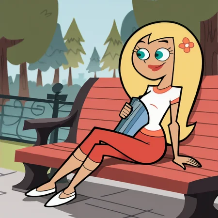 score_9, score_8_up, score_7_up,score_5_up, score_4_up, stardp, 1girl, solo, blonde hair, long hair, flower, aqua eyes, hair flower, hair ornament, smile, lipstick, white shirt, red capri pants, outside, trees, sitting, bench,   white footwear, eyelashes, 
 <lora:StarDP:1>,