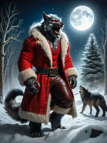 ral-santa, werewolf santa, a werewolf in a red coat is walking in the snow, howling at the moon, fierce and mythical <lora:ral-santa-sdxl:1>