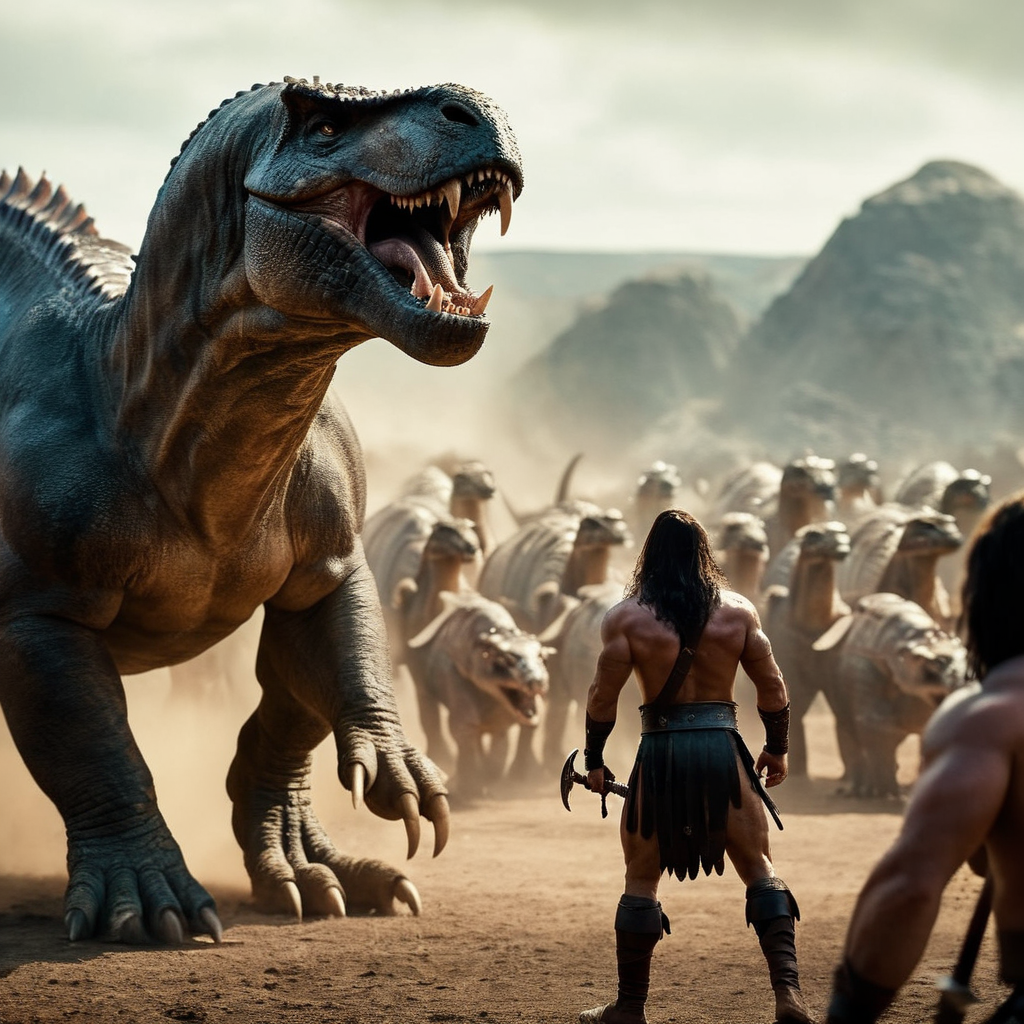 cinematic film still of  <lora:Conan the Barbarian:1.2>  Horror Themed created by Robert E. Howard
Conan the Barbarian a man holding a sword in front of a herd of dinosaur creatures, shallow depth of field, vignette, highly detailed, high budget, bokeh, cinemascope, moody, epic, gorgeous, film grain, grainy
