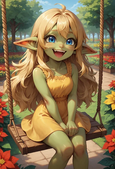score_9, score_8_up, score_7_up, rating_safe, highly detailed, female, cute goblin, green skin, (blonde hair, long hair), blue eyes, yellow summer dress, happy, laughing, sitting on swing, garden, excessive red flowers, poinsettia, close up <lora:Poinsettia_Pony:0.5>