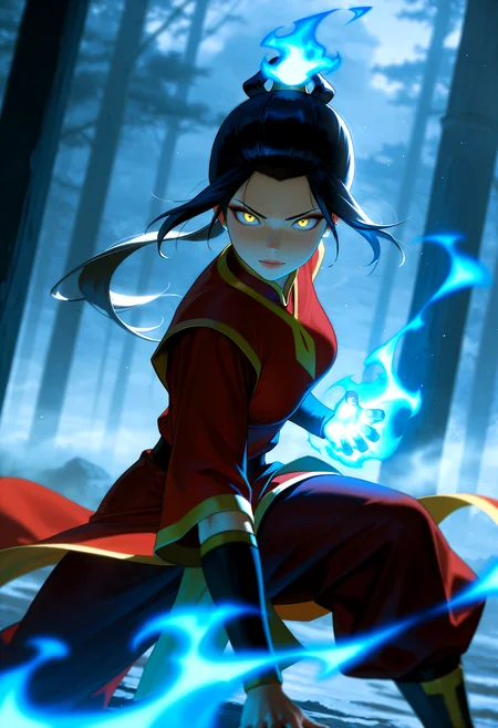 HDR, 8K, high contrast, masterpiece, best quality, amazing quality, very aesthetic, high resolution, ultra-detailed, absurdres, newest, scenery, dutch angle, shiny skin, avatar the last airbender, Azula, medium breasts, yellow eyes, looking at viewer, fighting stance, fire bending, (blue fire), fog, smoke, BREAK, photorealistic, beautiful detailed eyes, detailed skin, detailed hair, volumetric lighting, dappled light, light particles, dramatic shadows, cinematic lighting, photo background, depth of field,