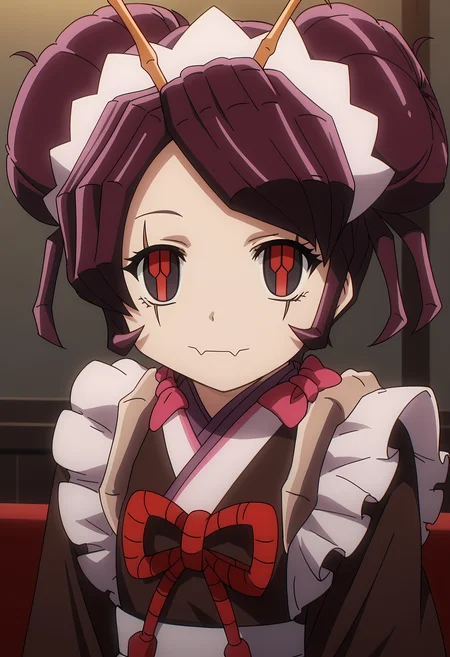 score_9, score_8_up, score_7_up, source_anime, 2d, Entoma Vasilissa Zeta, 1girl, burgundy hair, short hair, twin buns, insect antennae, porcelain face, red-black eyes, black eyes scars, chinese dress, maid hairband, anime coloring, anime screencap, detailed eyes, zPDXL, perfect faces, uncensored, rating_explicit, <lora:entoma_vasilissa_zeta_0-000045:1>, portrait