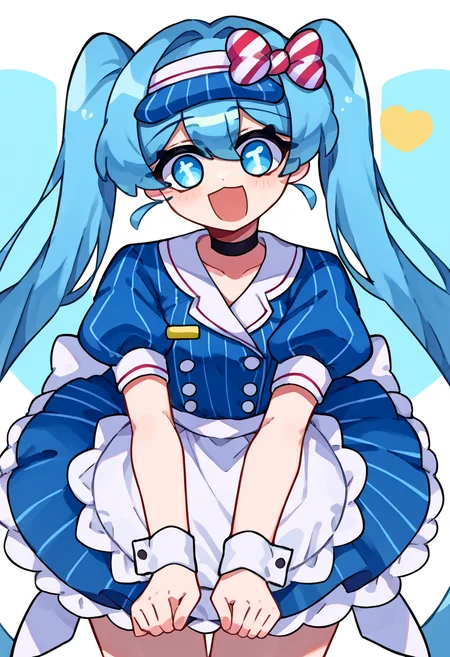 score_9, score_7_up, source_anime, solo, BREAK <lora:vocaloid_mesmerizermiku_ponyXL:1> mesmerizermiku, blue eyes, twintails, hair bow, striped bow, visor cap, frills, blue dress, vertical-striped dress, buttons, puffy short sleeves, wrist cuffs, waist apron, frilled apron, black choker, <lora:Momoiiroo_Art_Style_PonyXL:1> momoiiroo,