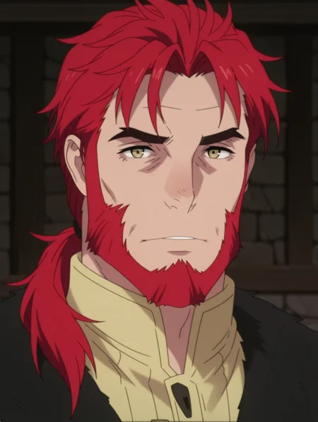 masterpiece, best quality, amazing quality, 1 boy, solo, male focus, Belgrieve, belgrieve, long hair, red hair, facial hair, ponytail
