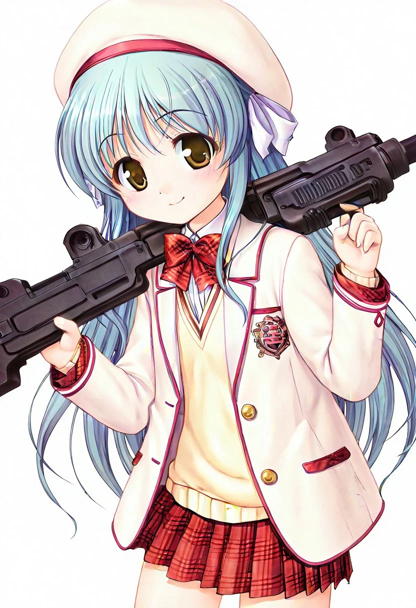 1girl,cowboy_shot,best quality,amazing quality,absurdres,game cg,ureshino sayumi,1girl,solo,yellow eyes,brown eyes,aqua hair,blue hair,very long hair,flat chest,hair ribbon,white ribbon,smile,school uniform,blazer,sweater,sweater vest,jacket,pink jacket,long sleeves,open jacket,plaid,bowtie,red bowtie,plaid bowtie,ribbon,hat,beret,white beret,assault rifle