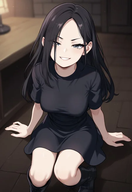 Expressiveh, score_9, score_8_up, score_7_up, source_anime, <lora:GreatM8_Style_XL_Pony_Revision:1>, greatm8 style, resident evil, Eveline, pale skin, 1girl, solo, smug, expressive eyes, grey eyes, black hair, long hair, hair over one eye, black dress, short sleeves, boots, perky breasts, petite, skinny body, (sexy pose), (haunted house, basement, spooky, nighttime)