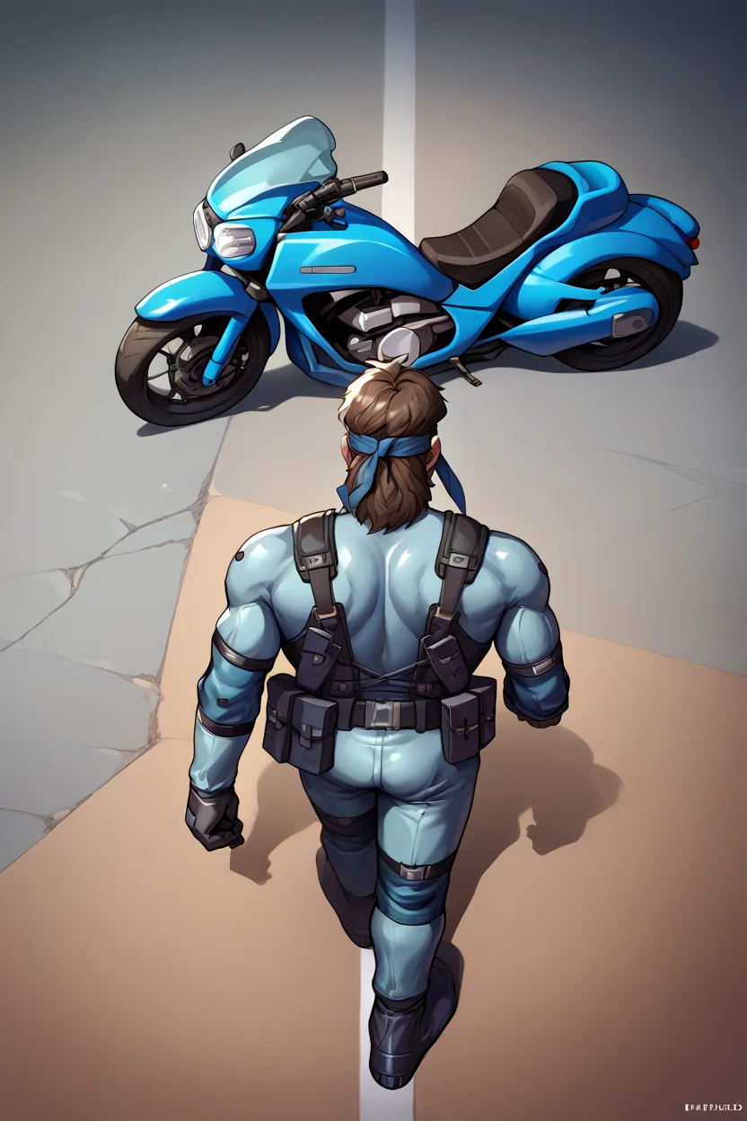 score_9, score_8_up, score_7_up, score_6_up, source_anime, BREAK 1boy, solo, road <lora:solidsnake-pdxl-nvwls-v1:1> solidsnake, headband, brown hair, beard, facial hair, blue bodysuit, gloves, harness, belt pouch, furrowed brow, mature male, manly <lora:concept_akiraposter_ponyXL:1> akiraposter, from above, from behind, walking, ground vehicle, motorcycle