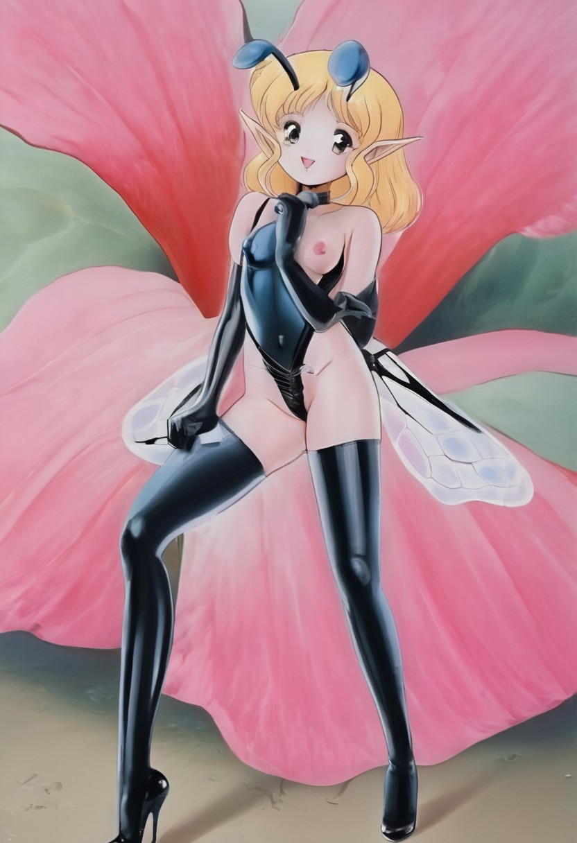 Retro art style, full body, miniature person, solo, Pfil, 1 girl, cute face, smiling, pointy ears, fairy, fairy wings, light brown eyes, highly detailed pupils, blonde hair, medium hair, insect antennae, black antennae, medium breasts, (latex clothing, blue panties, latex panties, blue bra, latex bra, black gloves, elbow length gloves, fingerless gloves, high stockings, thigh high stockings, latex stockings, black stockings, black heels), front view, posing, finger sign, kneeling, over giant flower, red flowe