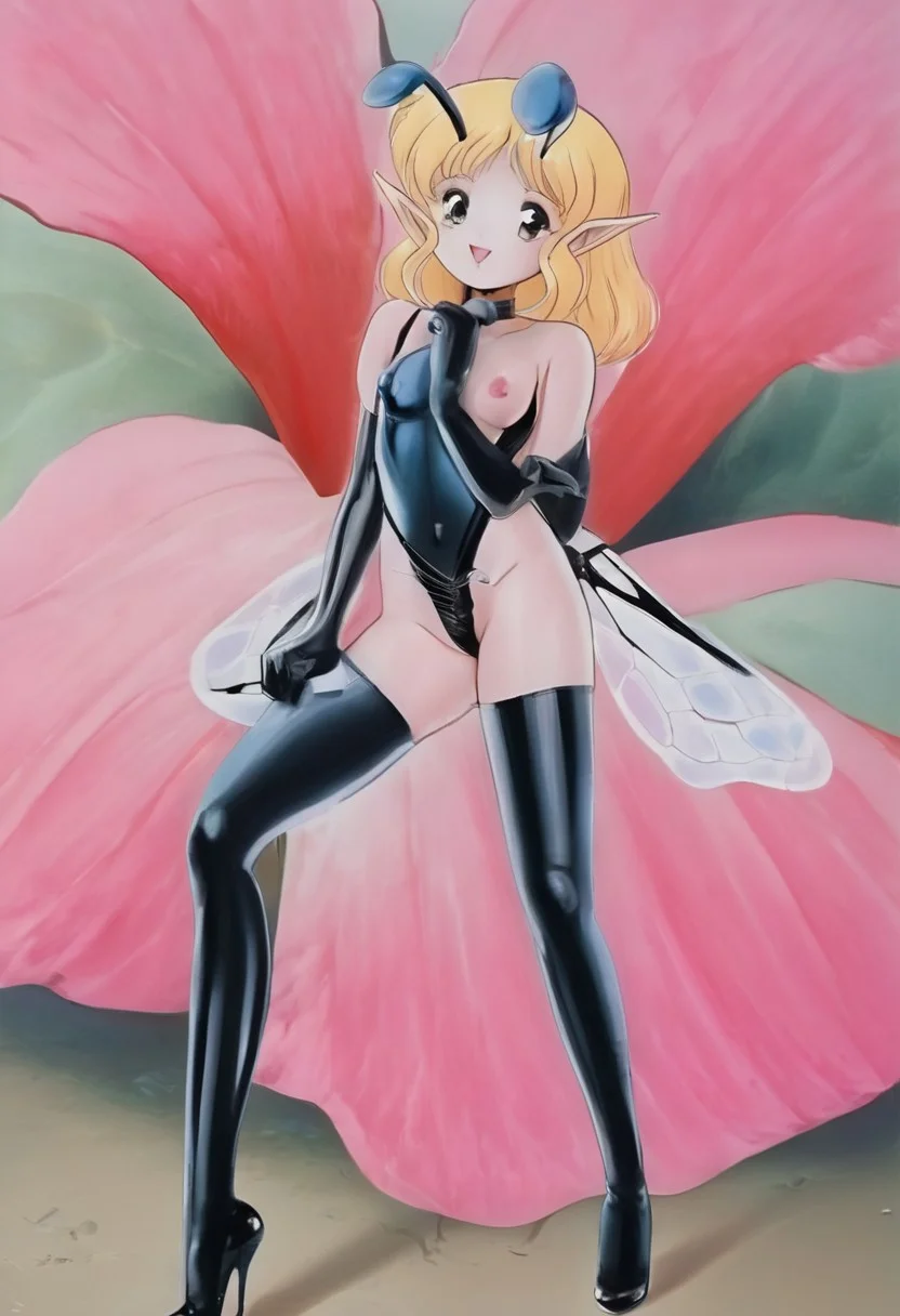 Retro art style, full body, miniature person, solo, Pfil, 1 girl, cute face, smiling, pointy ears, fairy, fairy wings, light brown eyes, highly detailed pupils, blonde hair, medium hair, insect antennae, black antennae, medium breasts, (latex clothing, blue panties, latex panties, blue bra, latex bra, black gloves, elbow length gloves, fingerless gloves, high stockings, thigh high stockings, latex stockings, black stockings, black heels), front view, posing, finger sign, kneeling, over giant flower, red flowe