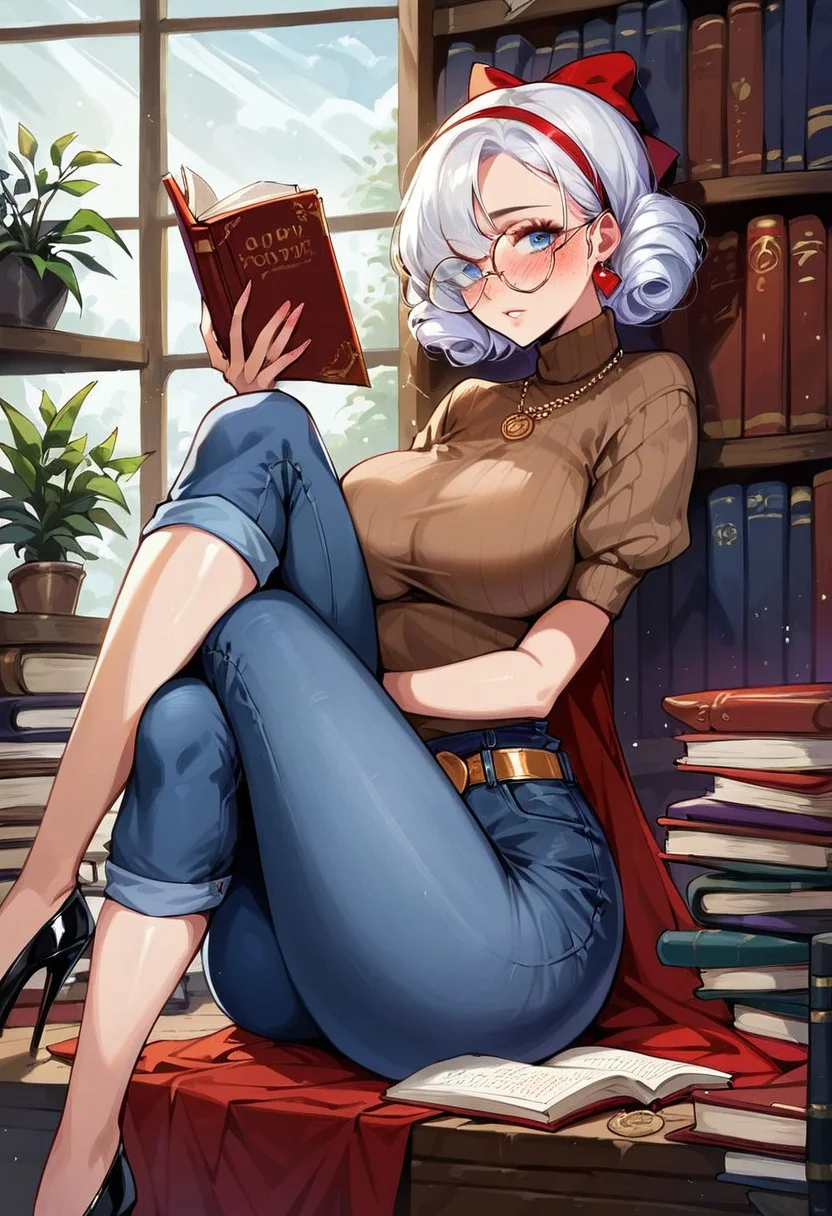 score_9, score_8_up, score_7_up, score_6_up, score_5_up, solo, 1girl, pretty 25 year old girl, tattoogirl, snow white hair, short hair, curly hair, hair covers one eye, red decoration in hair, blush, freckles, seducing viewer, modest look, parted lips, black make up, big blue-grey eyes, (perfect eyes), big round glasses, big necklace, small earrings, blush, brown sweater_top, (sweater_top material: pullover style), short sleeves, large full breasts, wide hips narrow waist, big round bubble butt, long Flared jeans, long Flared pants, golden belt, sexy legs, high heels, shiny skin BREAK inside, library, sitting, crossed legs, reading a book, close up, many bookshelves in the background, front view, (front view 3/4), side view, (side view 1/4), sexy pose,