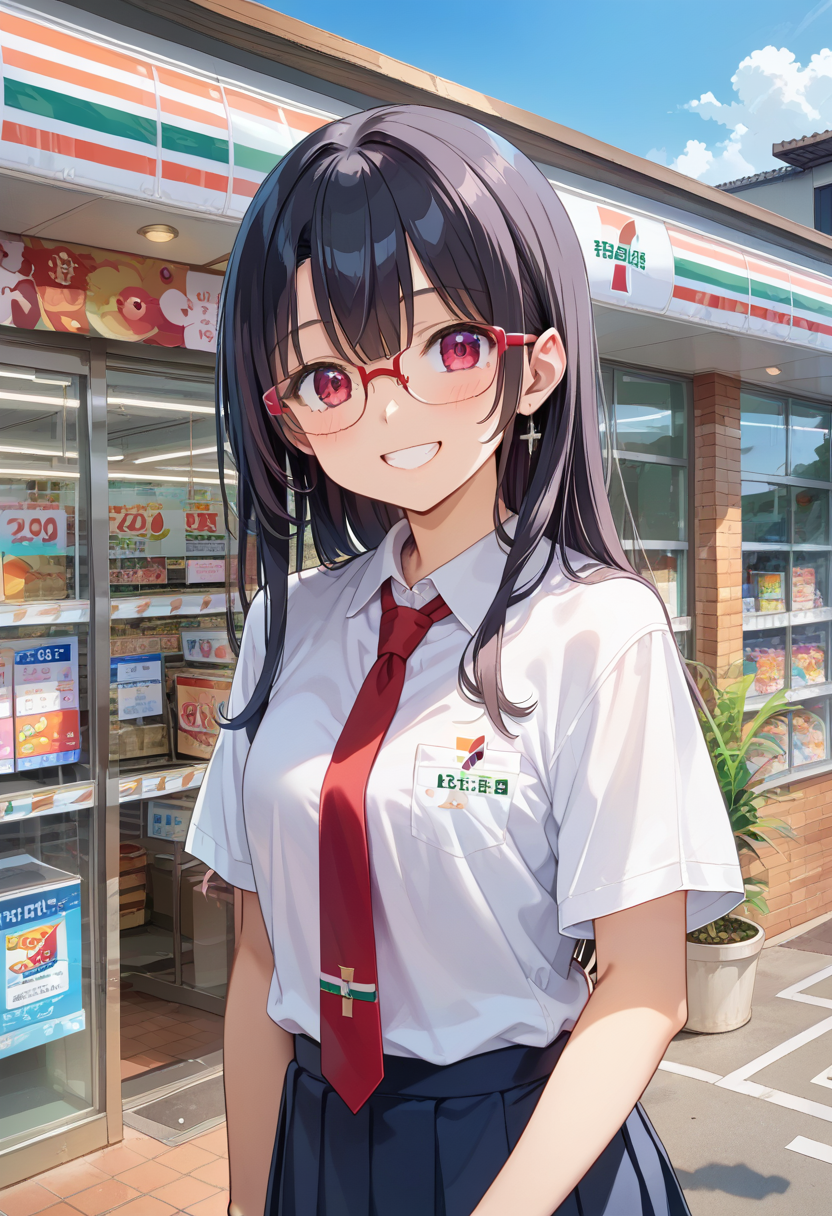 score_9, score_8_up, score_7_up, rating_safe, masterpiece, best quality, absurdres, unity 8k wallpaper, official art, official style, source_anime, uncensored, game cg, megami magazine,
1girl, solo, glasses, black hair, long hair,  collared shirt, red necktie, pleated skirt, blue skirt, looking at viewer, blush, upper body, short sleeves, smile, happy,
seveneleven, konbini, scenery, storefront, japan, shop, scenery, outdoors, convenience store, sky, plant, sign, building, storefront, day, real world location, blue sky
<lora:7eleven_storefront_PONY_V1:1>
