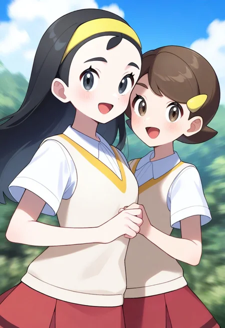 2d, masterpiece, best quality, amazing quality, highres, absurdres, newest, 2girls, standing, smile, open mouth, cowboy shot, upper body, sky, clouds, woods, nature, teammates \(pokemon\), senpai, long hair, black hair, black eyes, yellow hairband, kohai, short hair, brown hair, brown eyes, hairclip, collared shirt, short sleeves, beige sweater vest, red skirt, miniskirt,,masterpiece,best quality,newest,absurdres,highres,very awa