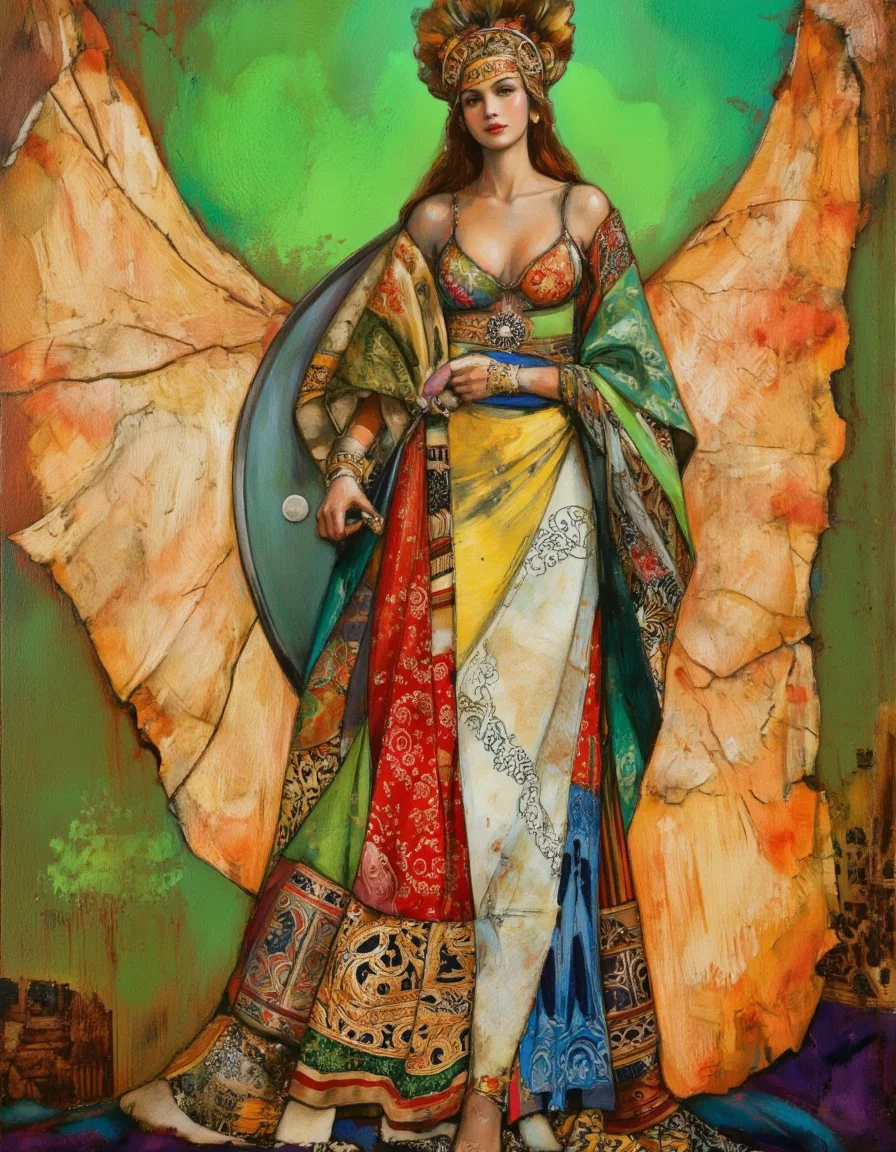 By Joshua Burbank. A digital painting of a woman standing confidently in the middle of the image, wearing a colorful, patchwork dress with intricate patterns and vibrant colors. the woman has a serene expression, with her eyes looking directly at the viewer. she has long, flowing hair adorned with a large, ornate headpiece, and her body is slim with large breasts. her dress is made up of a variety of fabrics in different colors and patterns, including red, yellow, green, blue, and white, with intricate details and patterns that create a sense of movement and energy. she is standing with her arms at her sides, holding a large shield-like object in her hands. the background is a vibrant mix of green, orange, and yellow, with a textured, abstract design that adds depth and dimension to the image. the overall effect is one of elegance and sophistication, with the woman's presence commanding attention.