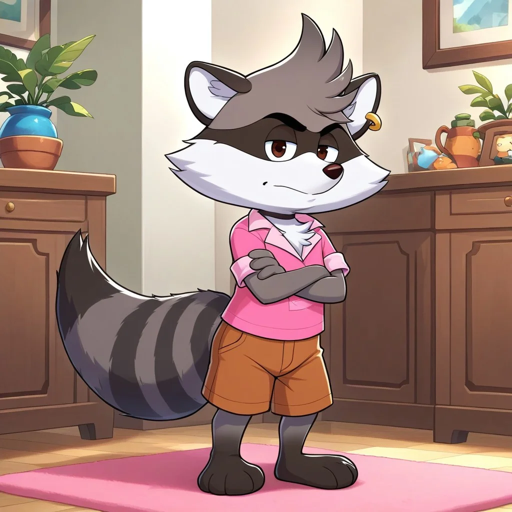 brown shorts, indoors, earrings, 1boy, Raccoon, Full Body,  solo, Renaldo Raccoon, arms crossed, standing, looking at viewer