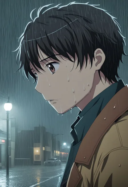 high resolution, solo, best quality, 1Boy, Inaho Kaizuka, Black Hair, Brown Eyes, heavy rain, downtown, night, looking down, sad, leather jacket, looking away, wet, wet hair, OverallDetail