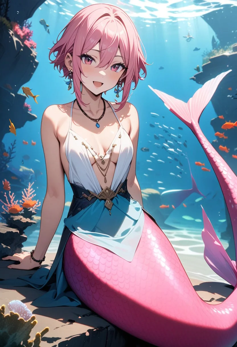 masterpiece, best quality, mermaid, fish, sidelocks, sitting, necklace, closed mouth, earrings, short hair, :d, hair between eyes, pink hair