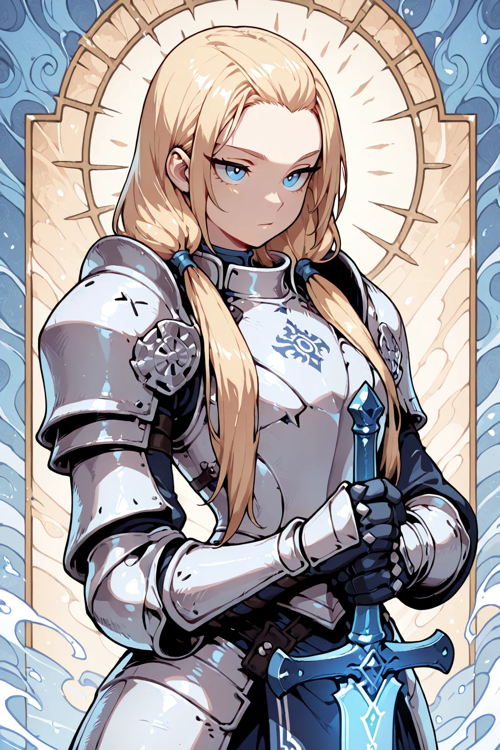 masterpiece, best quality, amazing quality, upper body,
1girl, solo, planted_sword, weapon, solid blue sword, full_armor, blonde hair, low twintails, blue eyes, solo, long_hair, bangs_pinned_back, standing, holding_sword, abstract background, color swirls
