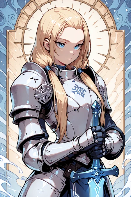masterpiece, best quality, amazing quality, upper body,
1girl, solo, planted_sword, weapon, solid blue sword, full_armor, blonde hair, low twintails, blue eyes, solo, long_hair, bangs_pinned_back, standing, holding_sword, abstract background, color swirls