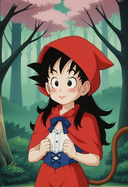 score_9, score_8_up, score_7_up , , source_anime, intricate details, masterpiece, high quality, prefect hands, best quality,, 1girl, solo,  upper body , anime screencap,
,forest, cherry blossoms,,
, GGoku , black hair, black eyes, big eyeballs , spiked hair , long hair  , monkey tail ,   eyelash , lips  , cute , blush ,  small breast , breast ,   chibi , <lora:GGoku-000003:0.8>,
   <lora:Little Red Riding Hood_pony_V1.0:1> , little red riding hood, red hood, basket, skirt, corset, red dress, red cloak, cape