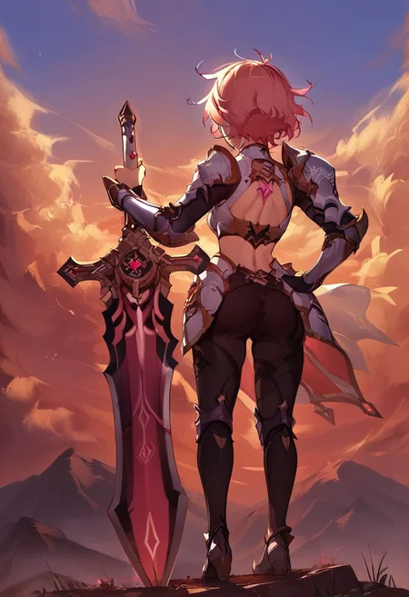 score_9, score_8_up, score_7_up,
source_anime,
1girl, solo,
planted-sword, holding sword, pose, resting stance, shortstack,
(greatsword, giant_sword, one-handed, one hand holding weapon), other hand resting at hip, perfect face, short hair, light armor, (back view, behind view),
cloud, sunset, wind,
fantasy background, concept art, Expressiveh,
<lora:planted_sword:1>