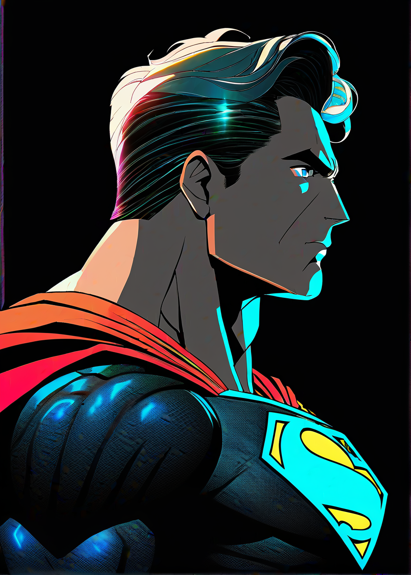masterpiece, best quality, superman, solo, futuristic, intricate, over the shoulder, looking at viewer, black background, simple background, glow in the dark, sci-fi, multicolored hair, aqua eyes, warrior