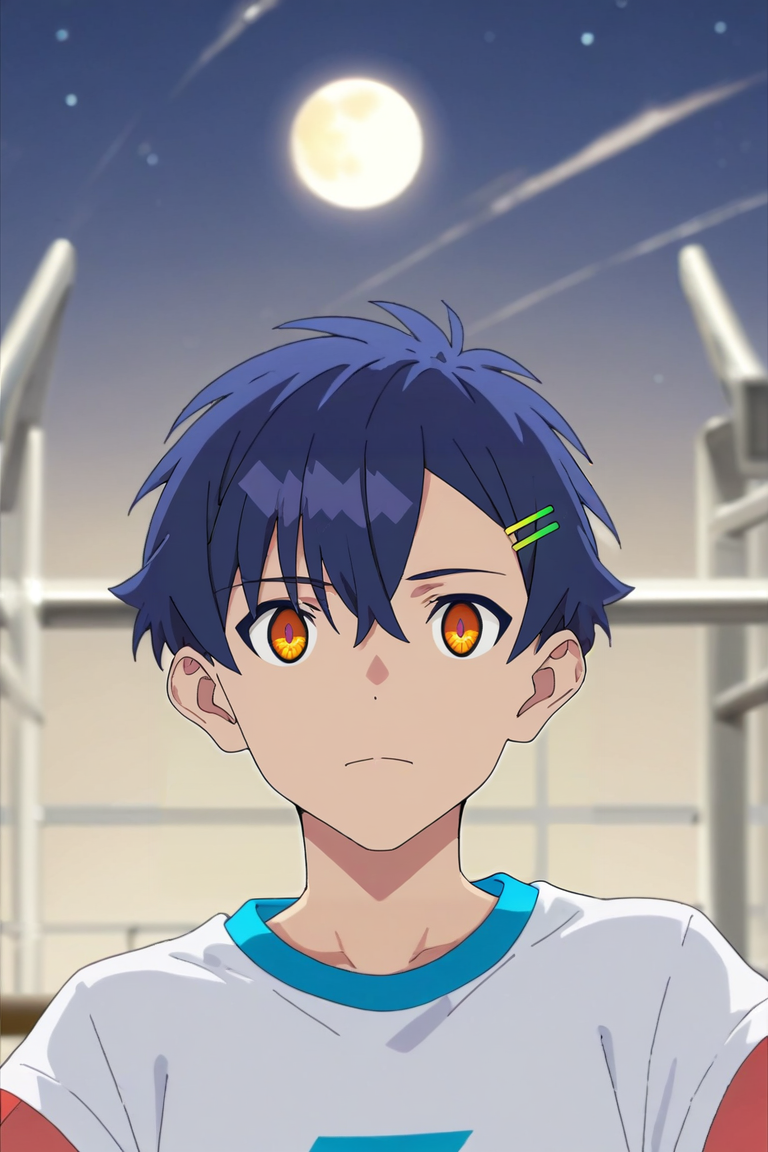 score_9, score_8_up, score_7_up, source_anime, rating_safe, , semi-realistic, , , 1boy, solo, male focus, <lora:yomogi_asanaka_pony:0.92>, yomogi_asanaka, blue hair, orange eyes, short hair, bangs, hair between eyes, hairclip, hair ornament, , rule of thirds, gym, night, full moon, spread legs, wavy mouth, closed mouth, windbreaker, snapback, <lora:sdxl_lightning_8step_lora:1>