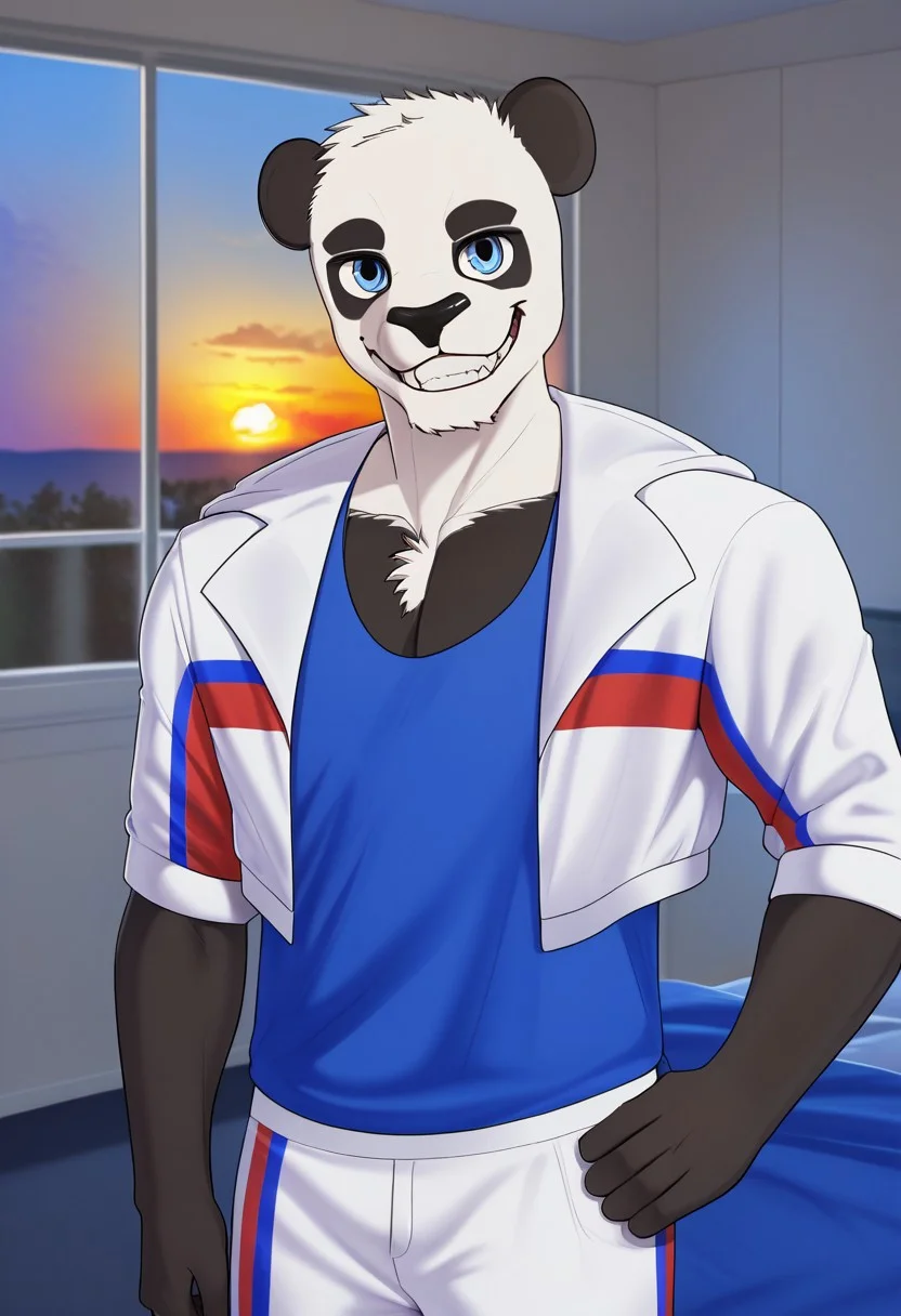 <lora:BryanLiuPXL-05:0.7>, BryanLiu, short hair, blue eyes, 1boy, solo, furry, furry male, panda, black fur, detailed background, inside, indoors, bedroom, lamp, photo, window, sunset, cloud, best quality, HD, hi res, masterpiece, unparalleled masterpiece, (soft shading), muscular male, bara, pectorals, large pectorals, white pants, blue tank top, pectoral cleavage, jacket, open jacket, open clothes, smile, teeth, hands on hips, (pose), (posing)