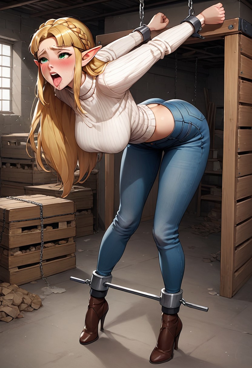 score_9, score_8_up, score_7_up, rating_explicit, masterpiece, absurdres, BREAK, Princess Zelda anime style, strappadoJ, strappado_XL, BREAK, solo focus, blonde hair, green eyes, blush, blushing, 1woman, (wearing a sweater and jeans), white shirt, blue jeans, pants, large breasts, breasts covered, lace_bra,, pubic_hair_peek, arms_up, restrained, ahegao:1.2, ass_out, ass_focus, bent_over, (spreader_bar:1.2), hanging_breasts, monoglove, arched_back, legs_apart, big ass, blush, blushing, arms_behind_back, strappadoJ, chains, restraints, suspended, warehouse, empty warehouse, abandoned,