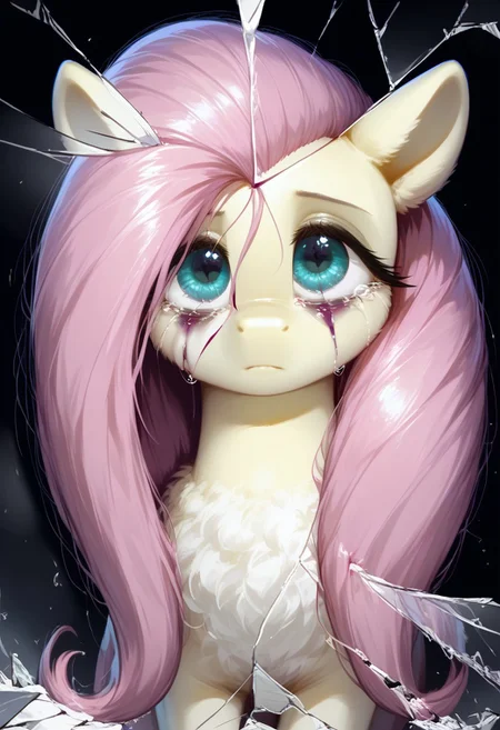 rating_questionable, score_9, score_8_up, score_7_up, pony, feral, fluttershy, reflection, Broken glass, dark theme, moody, bags under eyes, depressed, purple blood, scars, charming eyes, small tears, detailed, realistic, BREAK, zPDXL3, MegaFluffyPony, fluffy, shiny,