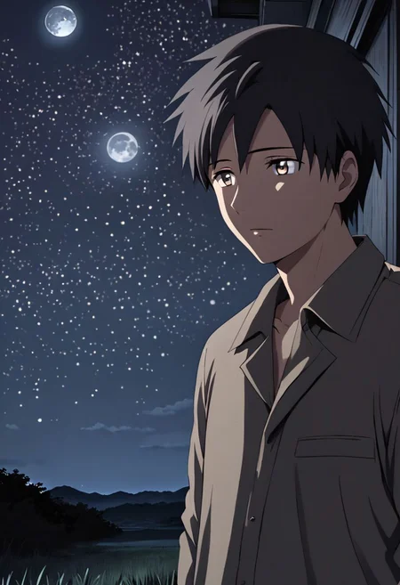 high resolution, solo, best quality, 1Boy, Takaki Toono, Brownish Hair, Brown Eyes, open space, night sky, moon, OverallDetail